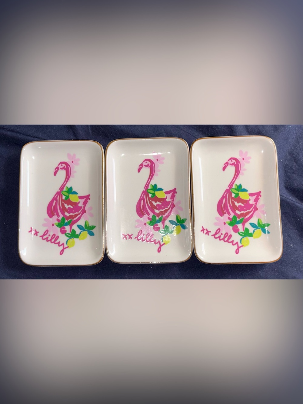 Lilly Pulitzer Pink Flamingo Ceramic Trinket Trays with Green & Yellow Accents